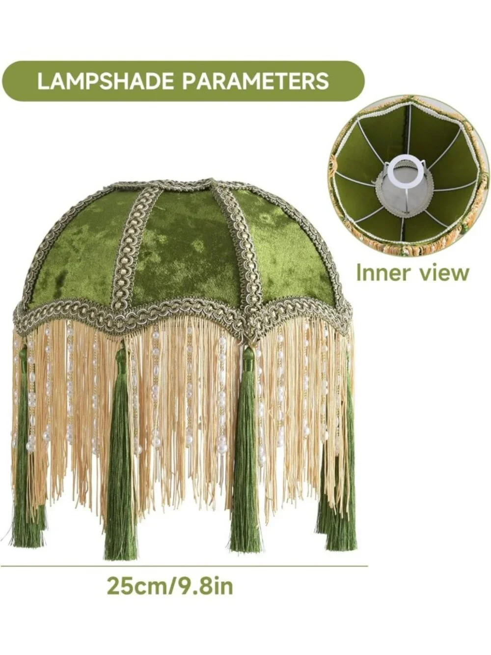 Victorian Style Bell Lampshade with Tassels, Velvet Top, Olive Green, 9.8” Width